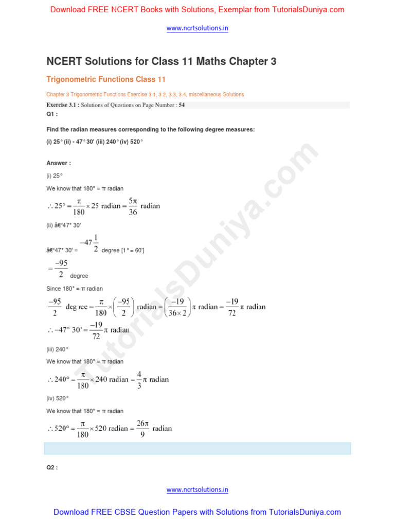 Class 11 Maths Chapter 3 Solutions | PDF | Angle | Circle