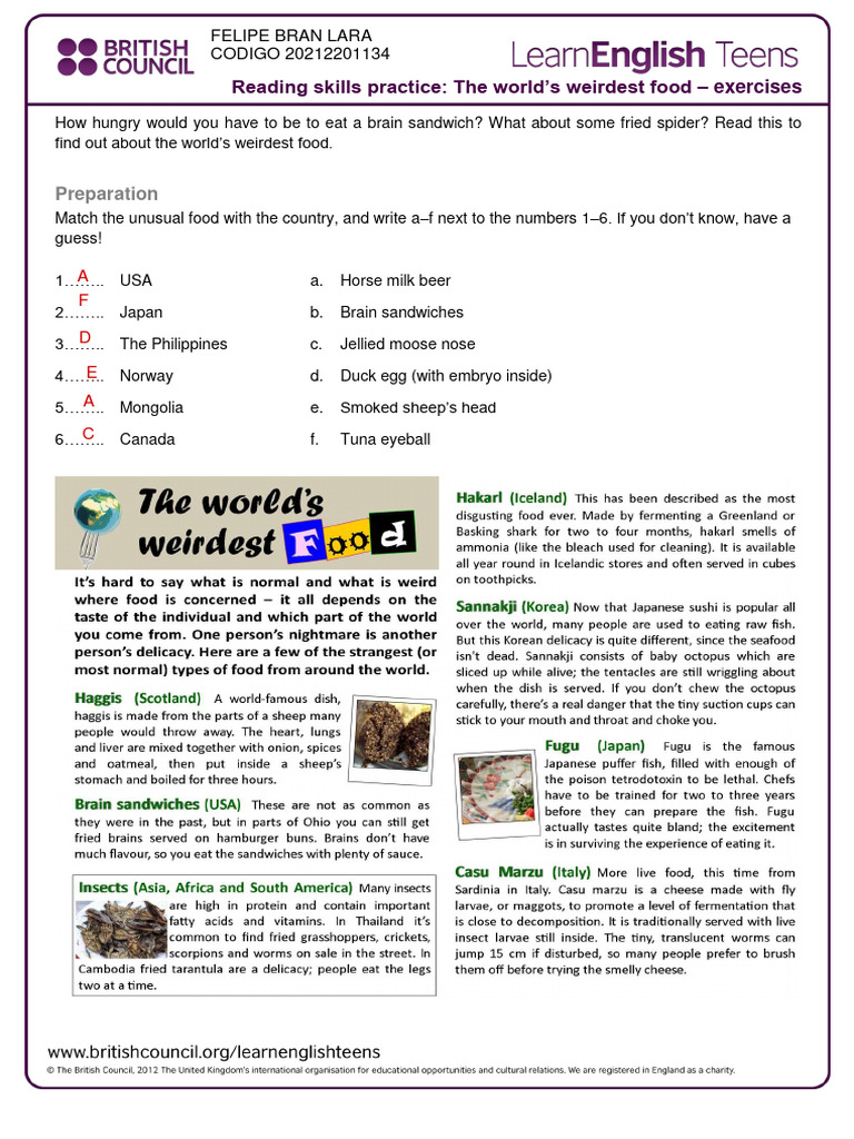 Weird Food Reading Exercises | PDF | Foods | Cuisine