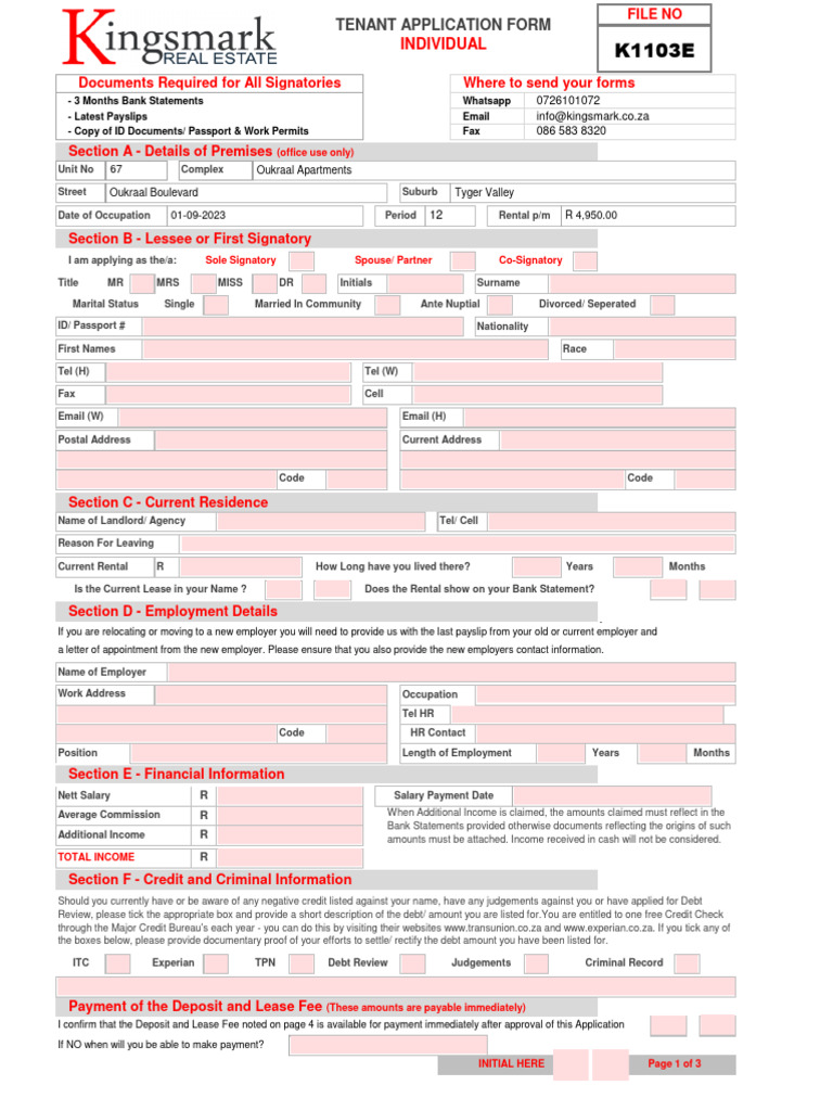 Tenant Rental Application Form | PDF | Lease | Renting