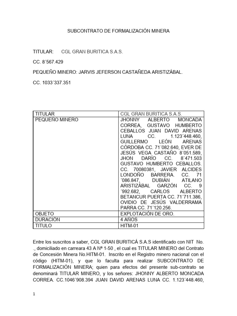 Subcontrato de Formalización Minera | PDF | Minería