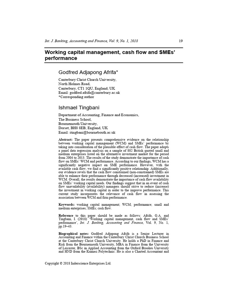 Working Capital Management, Cash Flow and SMEs' | PDF | Small And ...