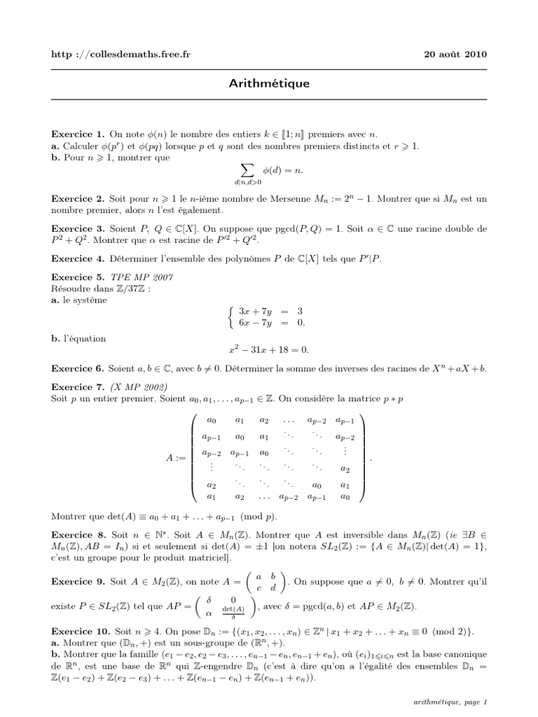 Exercices d'Arithmétique et Résolutions | PDF | Zéro d'une fonction ...