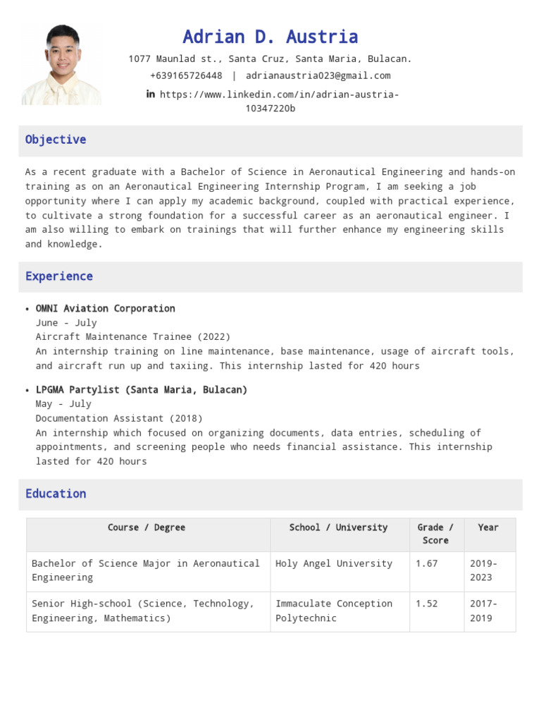 Adrian Austria: Aeronautical Engineer Resume | PDF | Engineering