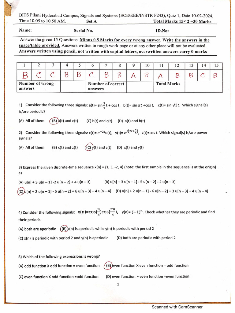 Solution Key and Hints-Quiz 1 - Set A | PDF