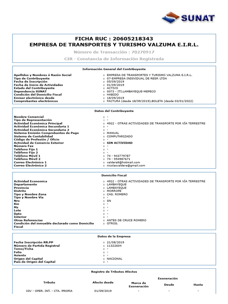 RUC 20605218343: Transportes Valzuma E.I.R.L. | PDF | Industrias de ...