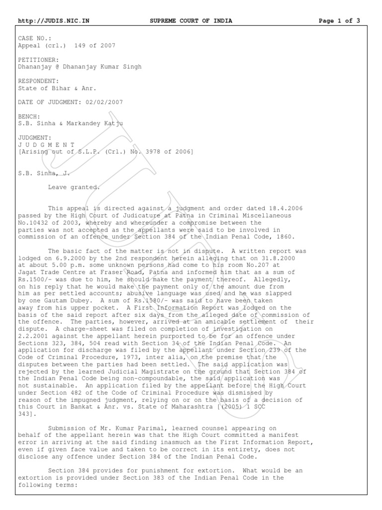Supreme Court Ruling on IPC Section 384 | PDF | Justice | Crime & Violence