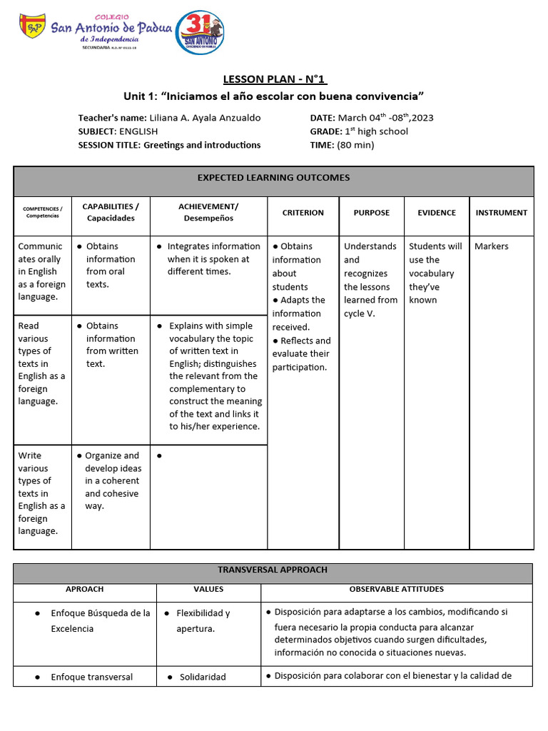 Lesson Plan - 1sec - 1 | PDF | Teachers | Learning