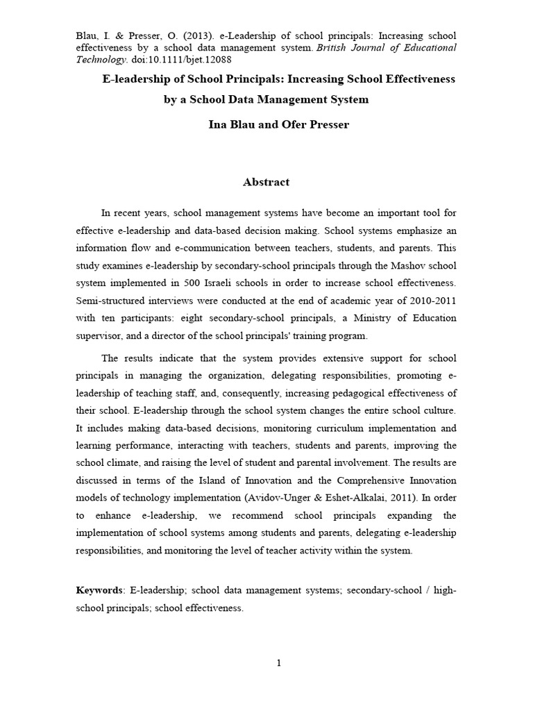 E leadership of school principals increasing school effectiveness by a