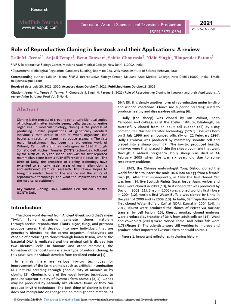 Role of Reproductive Cloning in Livestock and Their Applications A ...