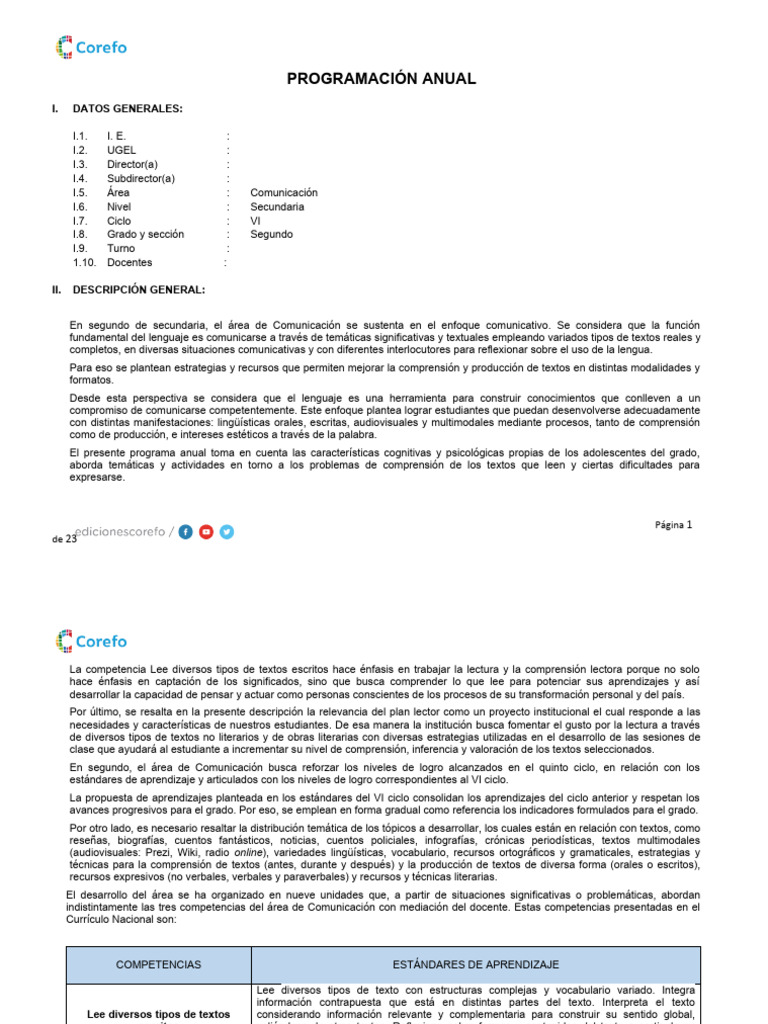 Programación Anual Comunicación Secundaria | PDF | Aprendizaje ...