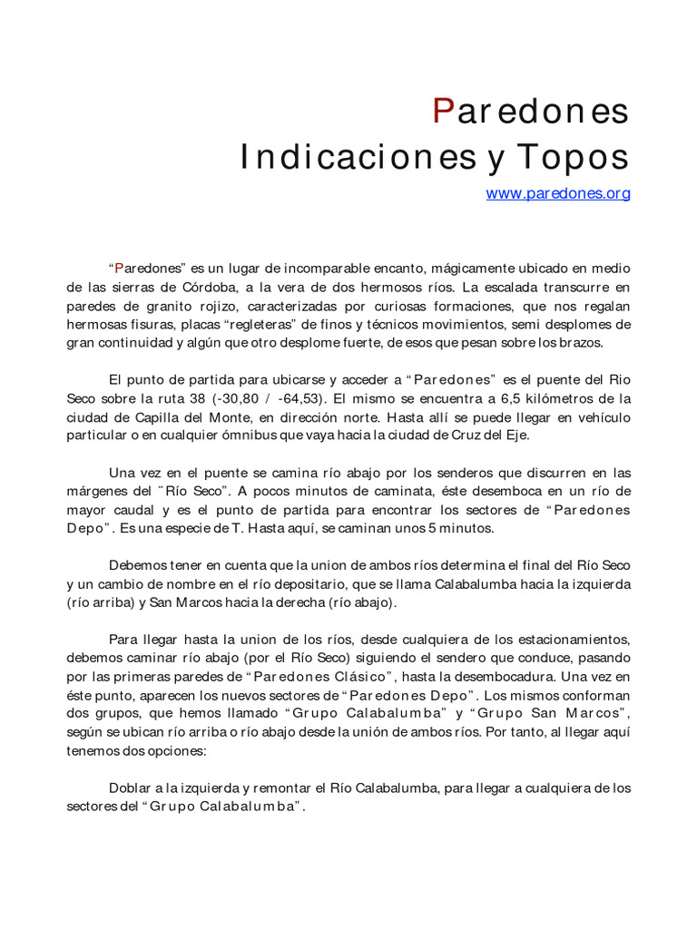 Escalada en Paredones, Córdoba: Guía Completa | PDF | Río