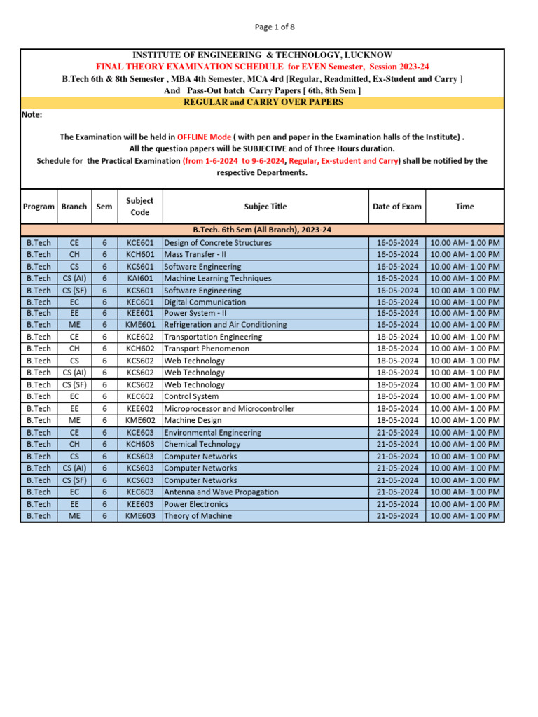 B.Tech 6th Semester Exam Schedule 2024 | PDF | Master Of Business ...