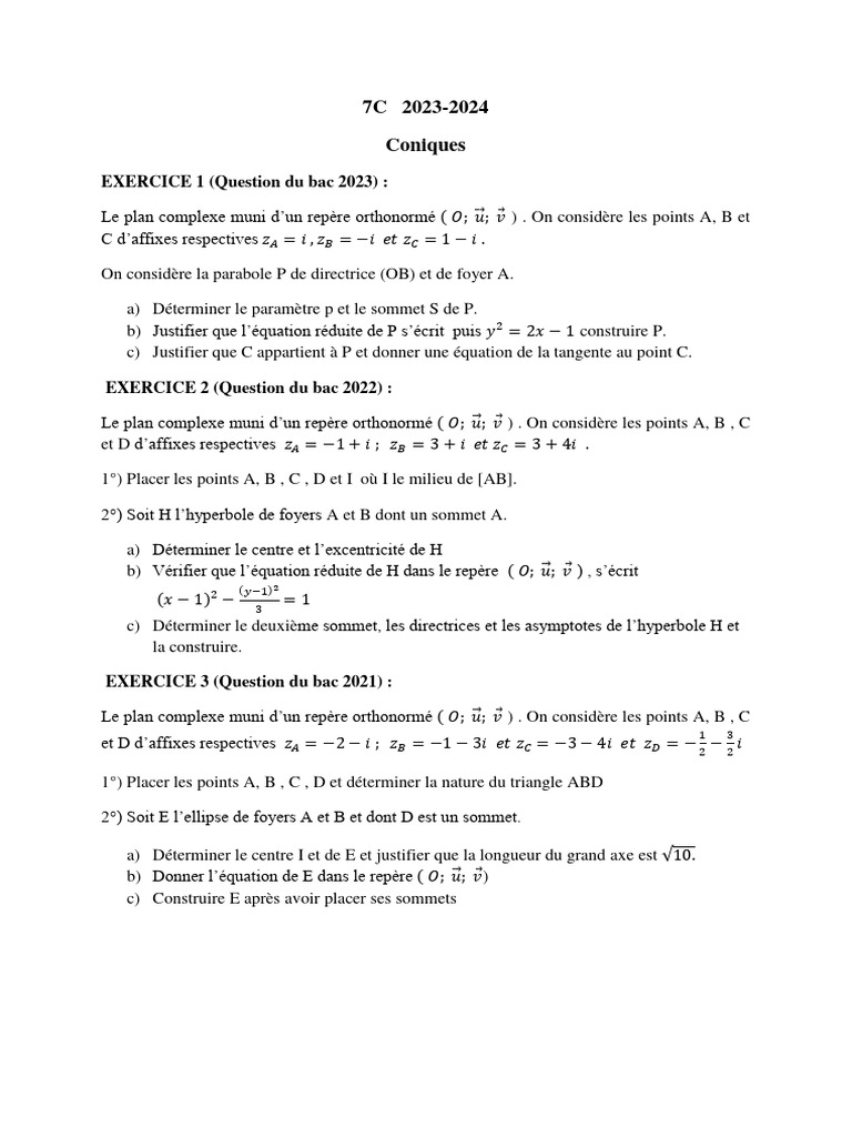 Coniques-7c 2023 | PDF | Nombre complexe | Géométrie