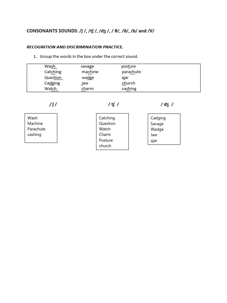 Consonant Sound Practice: /ʃ/, /tʃ/, /dʒ/, /θ/, /ð/, /b/, /V/ | PDF