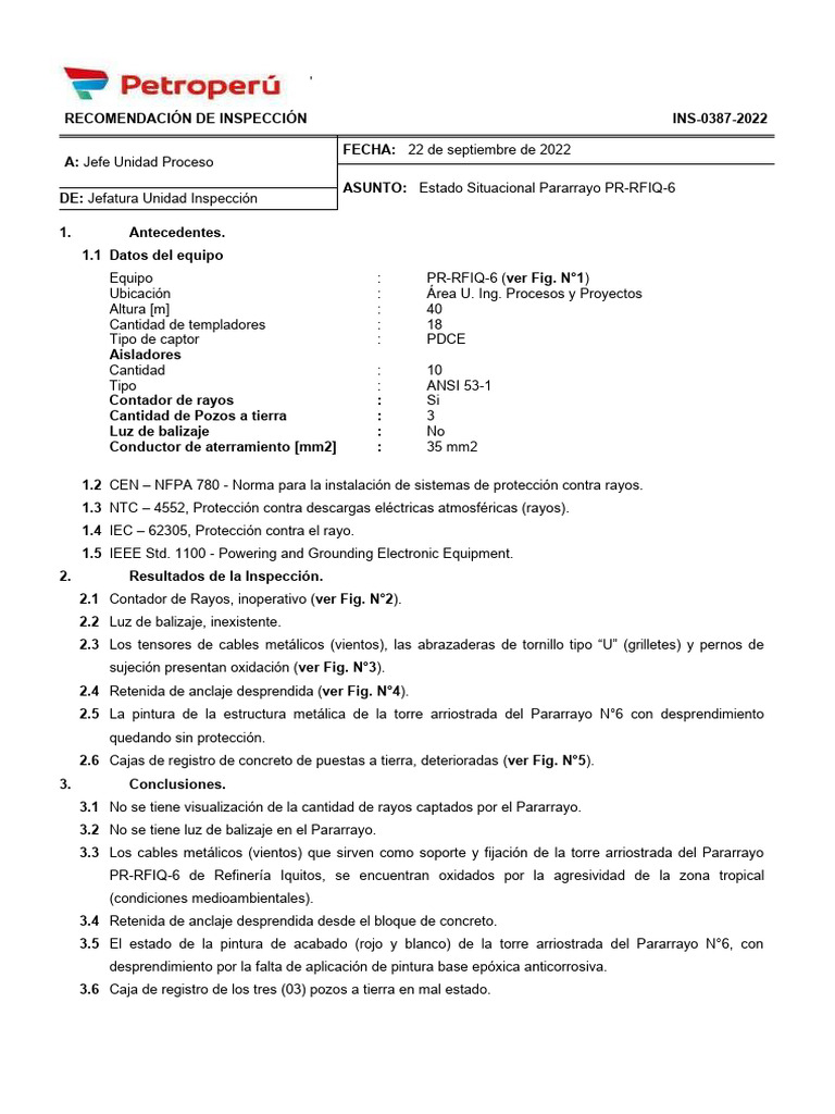 Inspección Pararrayo PR-RFIQ-6: Recomendaciones | PDF | Fenómenos ...