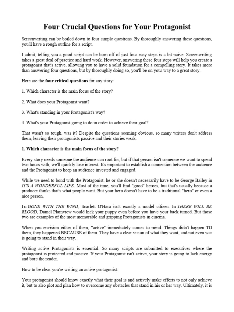 Four Key Protagonist Questions for Screenwriting | PDF | Avatar (2009 Film)