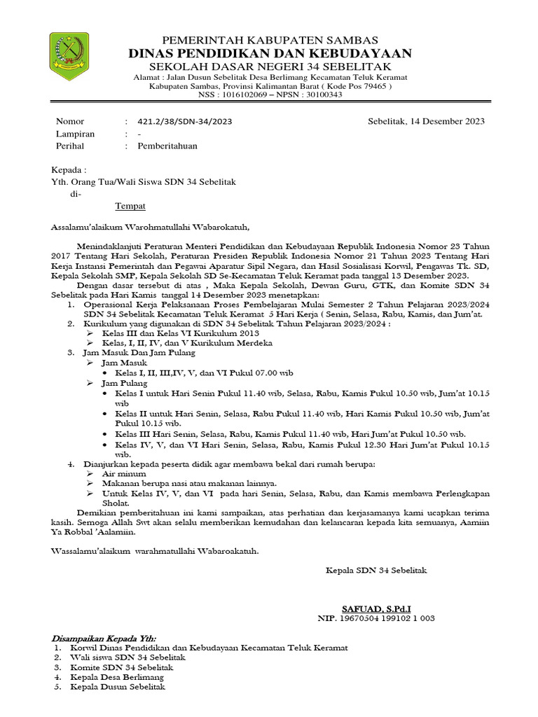 Pemberitahuan Hari Hari Sekolah PDF