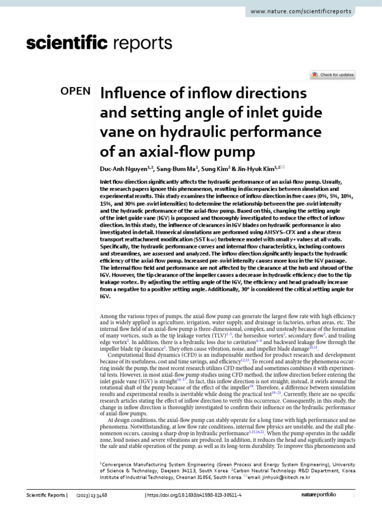 Axial-Flow Pump Performance: Inflow Impact | PDF | Fluid Dynamics | Pump