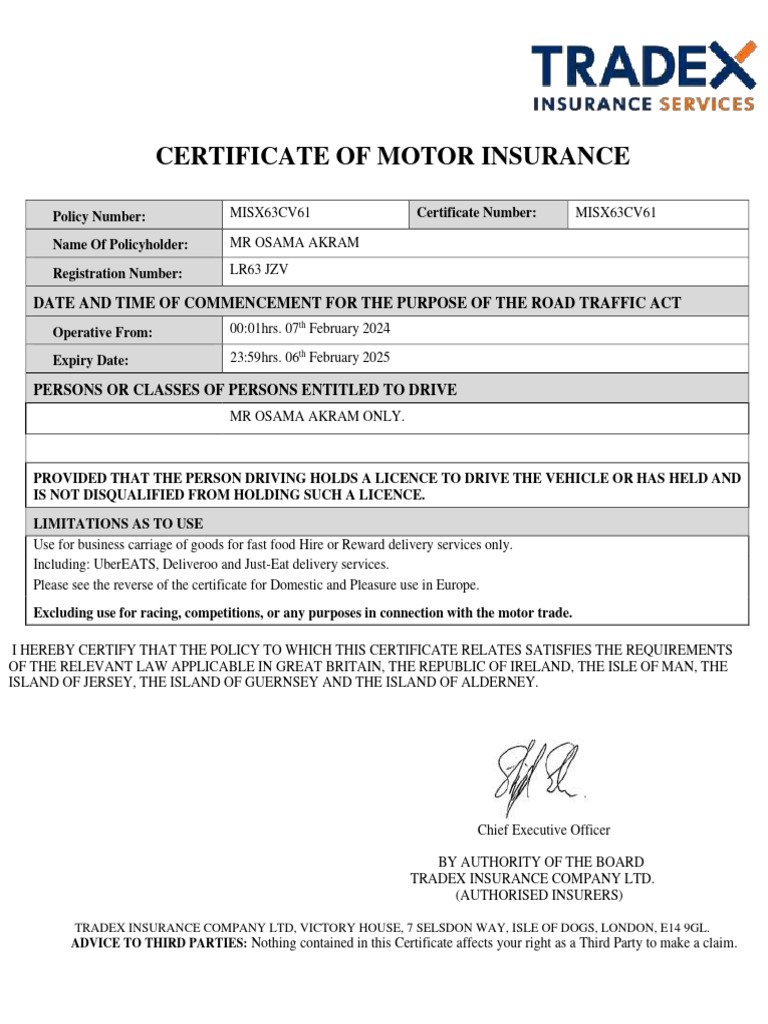 Food Delivery Insurance Certificate | PDF