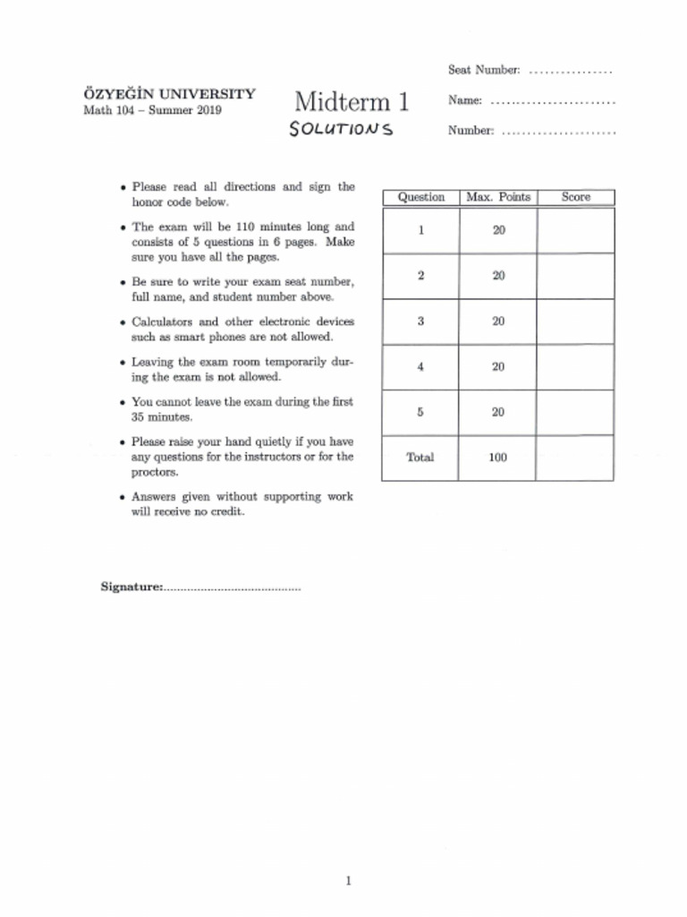 Math 104 Summer 2019 Midterm 1 Solutions 1 | PDF