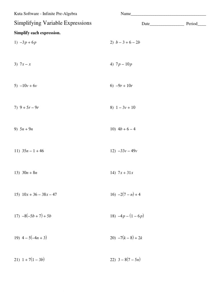 Simplifying Variable Expressions Worksheet | PDF