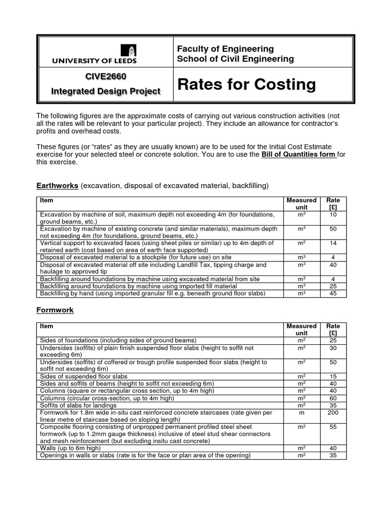 Construction Cost Rates for CIVE2660 | PDF | Concrete | Structural Steel