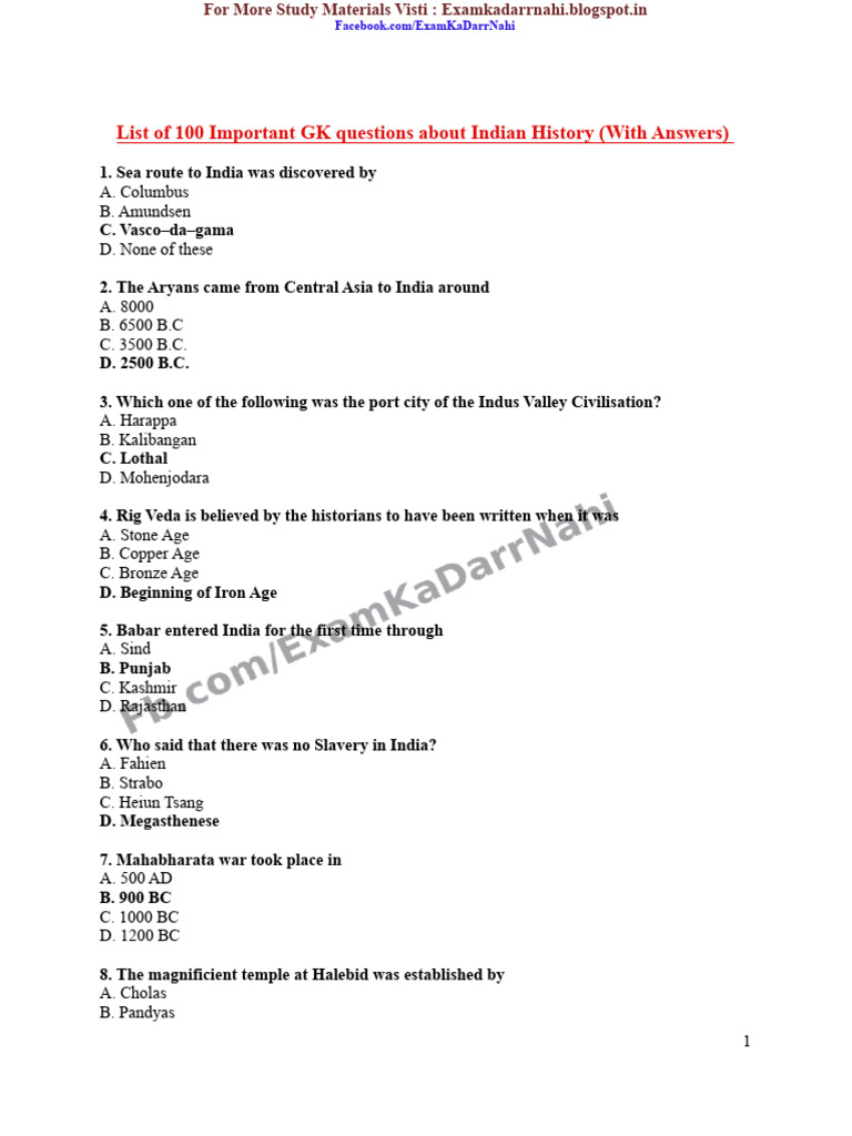 Key GK Questions on Indian History | PDF | Mughal Empire | Vedas