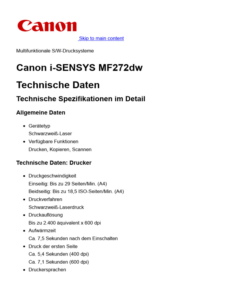 Canon i-SENSYS MF270 - Laser-Multifunktionssysteme - Technische Daten ...