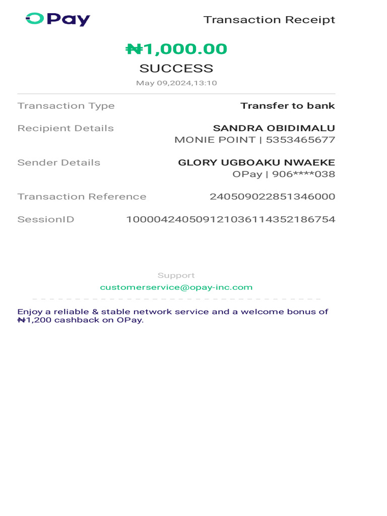 OPay Transfer Receipt | PDF