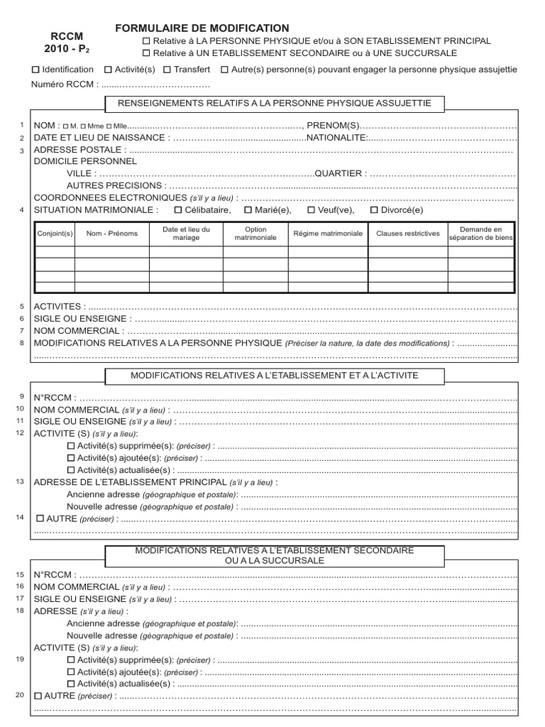 Formulaire de modification RCCM | PDF | Finance et gestion monétaire ...