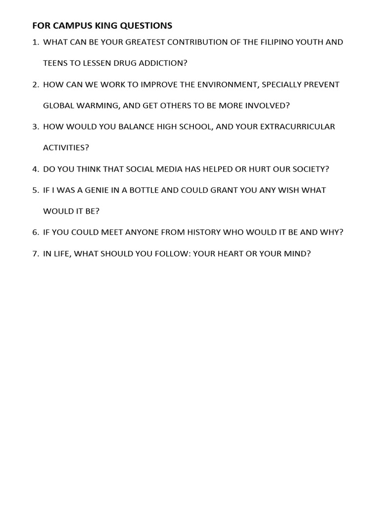 Campus King Questions for Youth Engagement | PDF | Wellness | Lifestyle