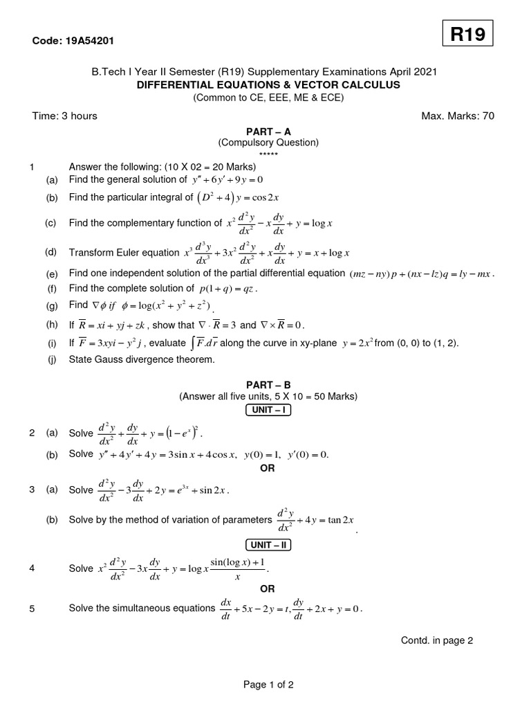 19A54201 Differential Equations & Vector Calculus R19 Supply April 2021 ...