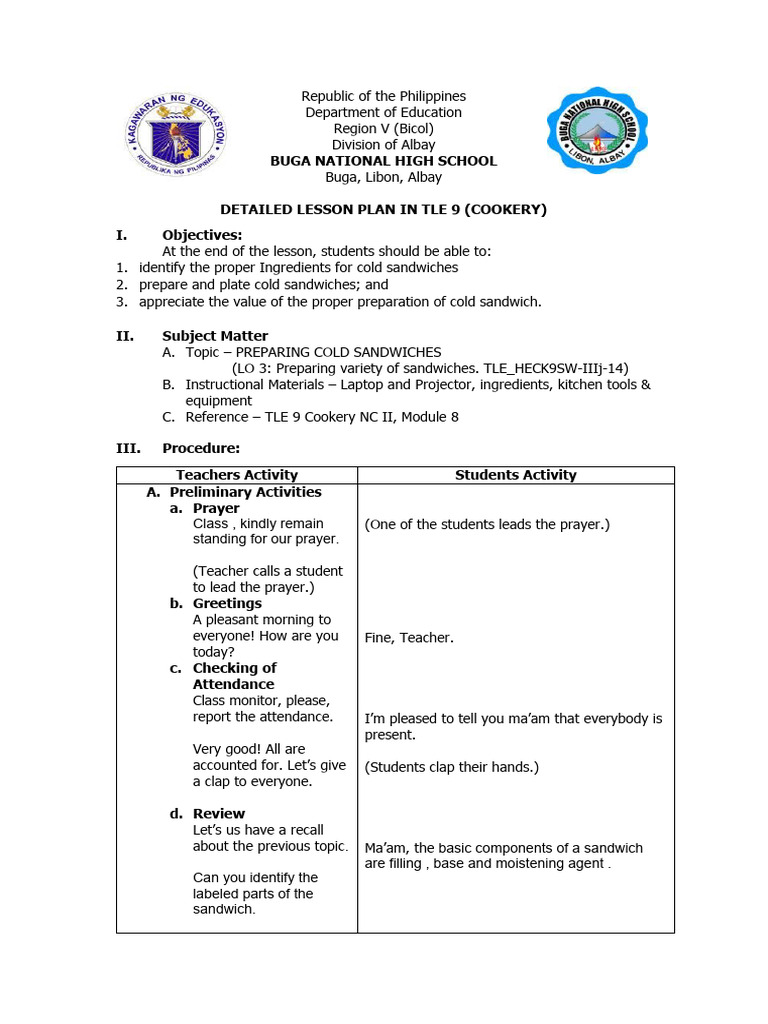 Lesson Plan in Cold Sandwiches | PDF | Sandwich | Ham