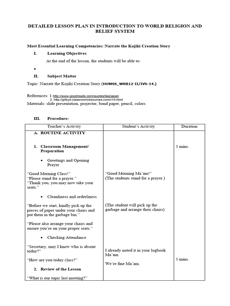 DETAILED LESSON PLAN IN Kojiki Download Free PDF Rubric (Academic