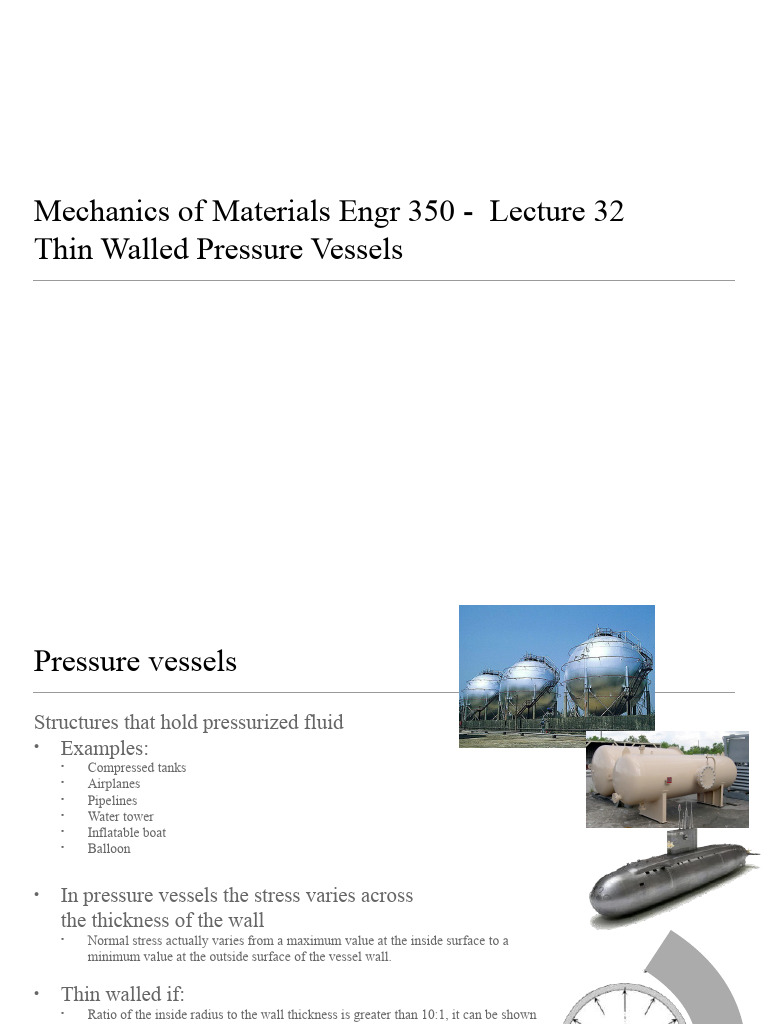 Thin Walled Pressure Vessels Analysis | PDF | Stress (Mechanics) | Sphere