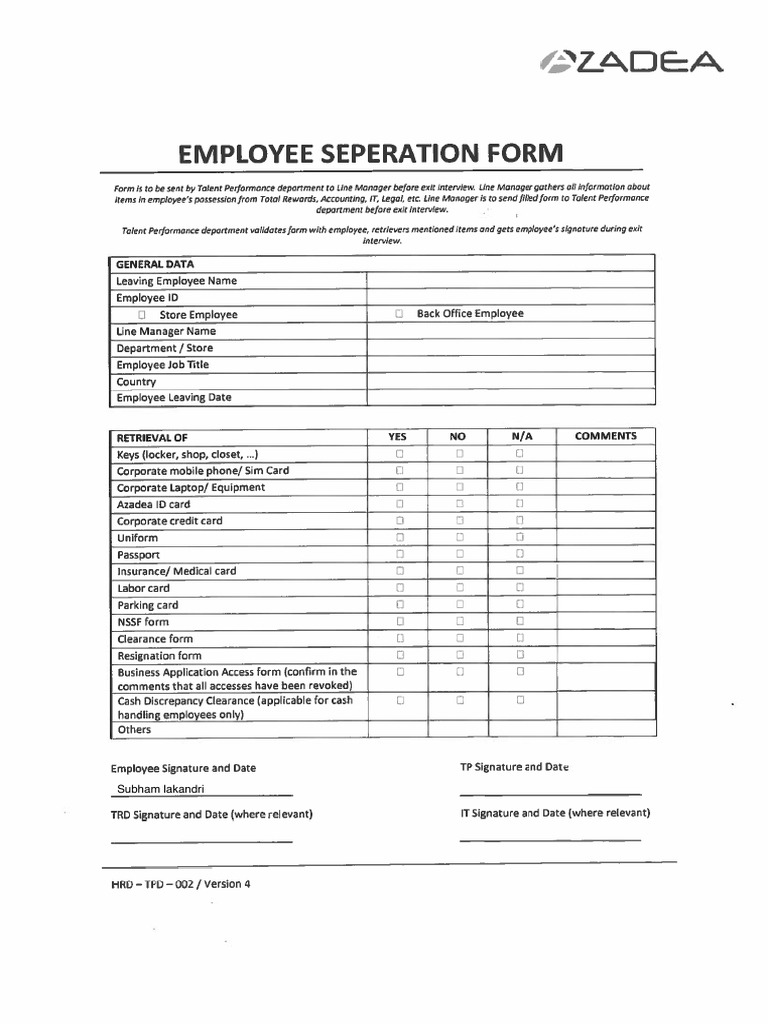 Employee Seperation Form | PDF