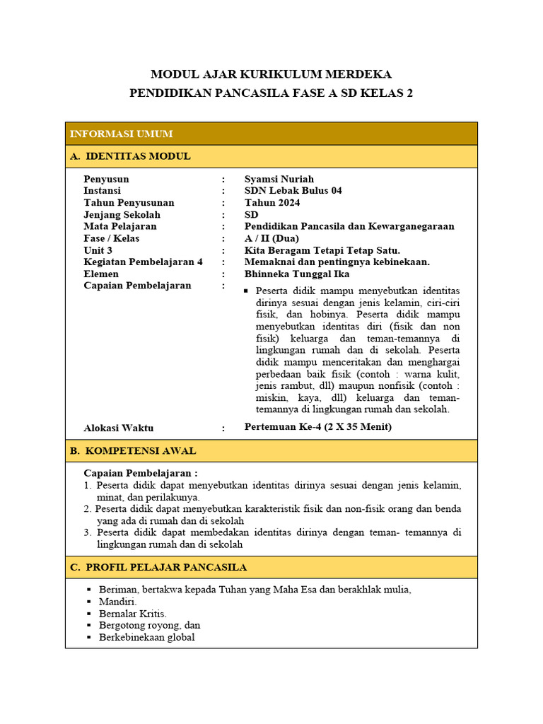 Modul Ajar Pancasila Kelas 2 SD | PDF
