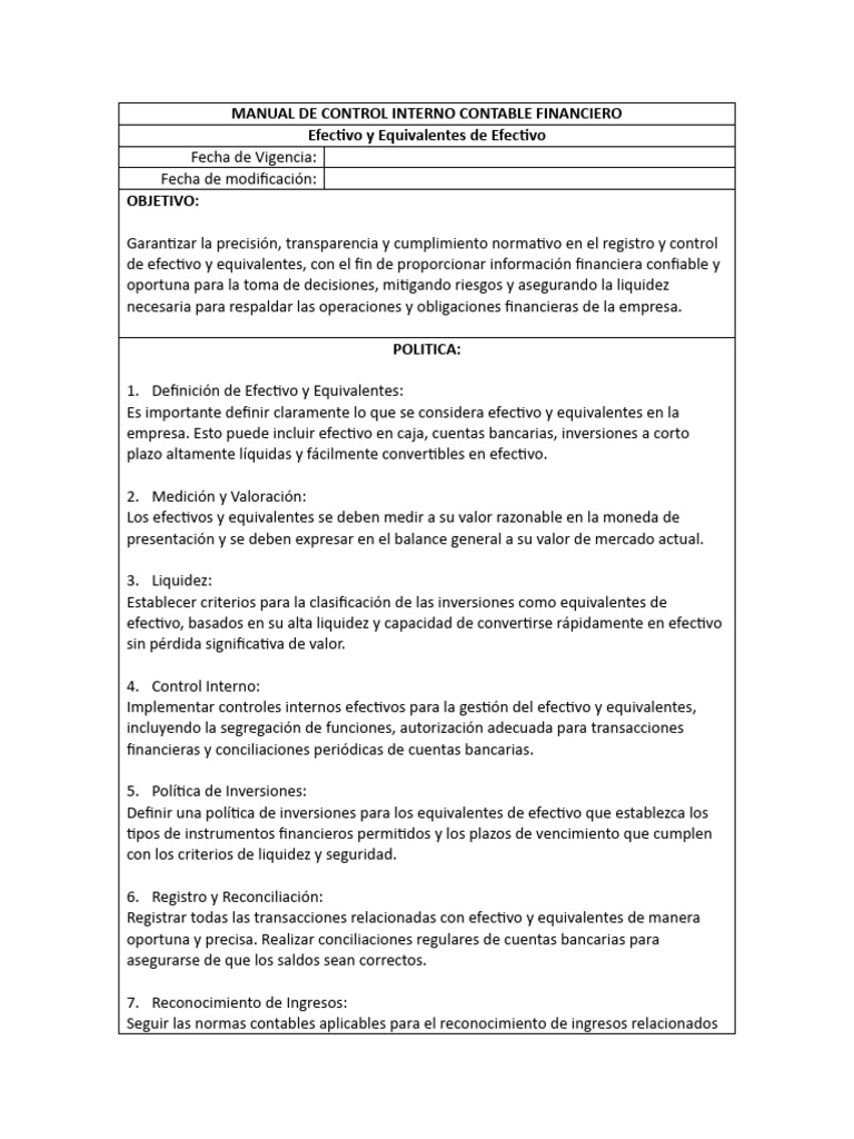 Control Interno de Efectivo y Equivalentes | PDF | Contabilidad | Auditoría
