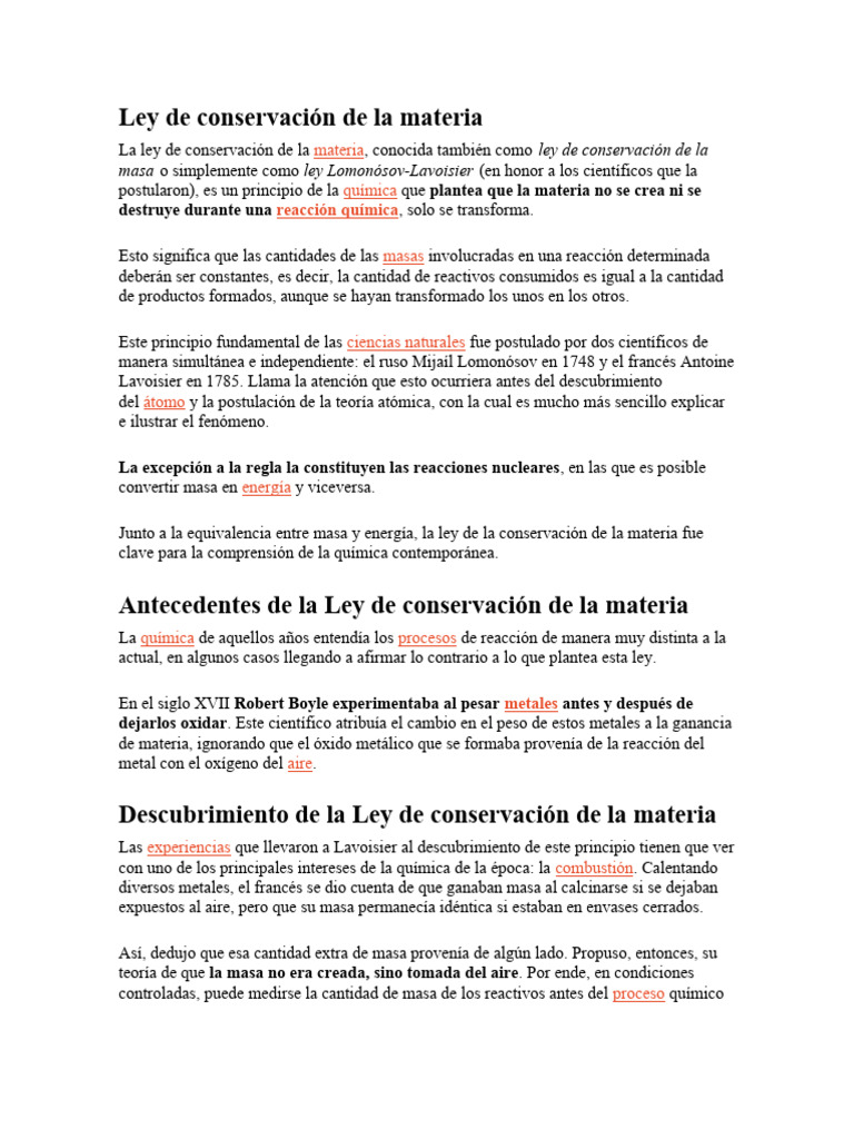 Ley de Conservación de La Materia PDF Importar Química