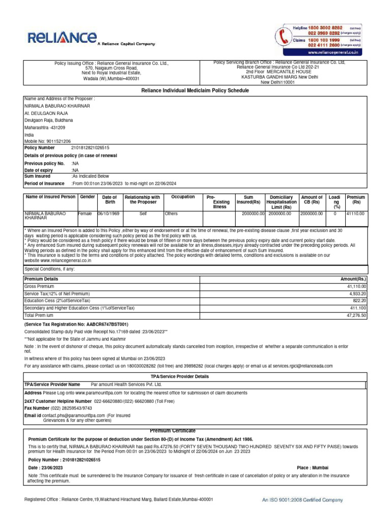 Reliance Health Insurance Premium Certificate | PDF | Insurance ...