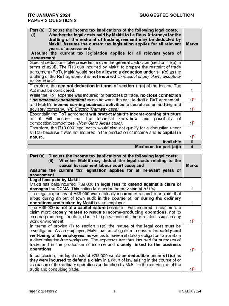 ITC January 2024 Paper 2 Solution 2 Makiti PDF Tax Deduction Expense