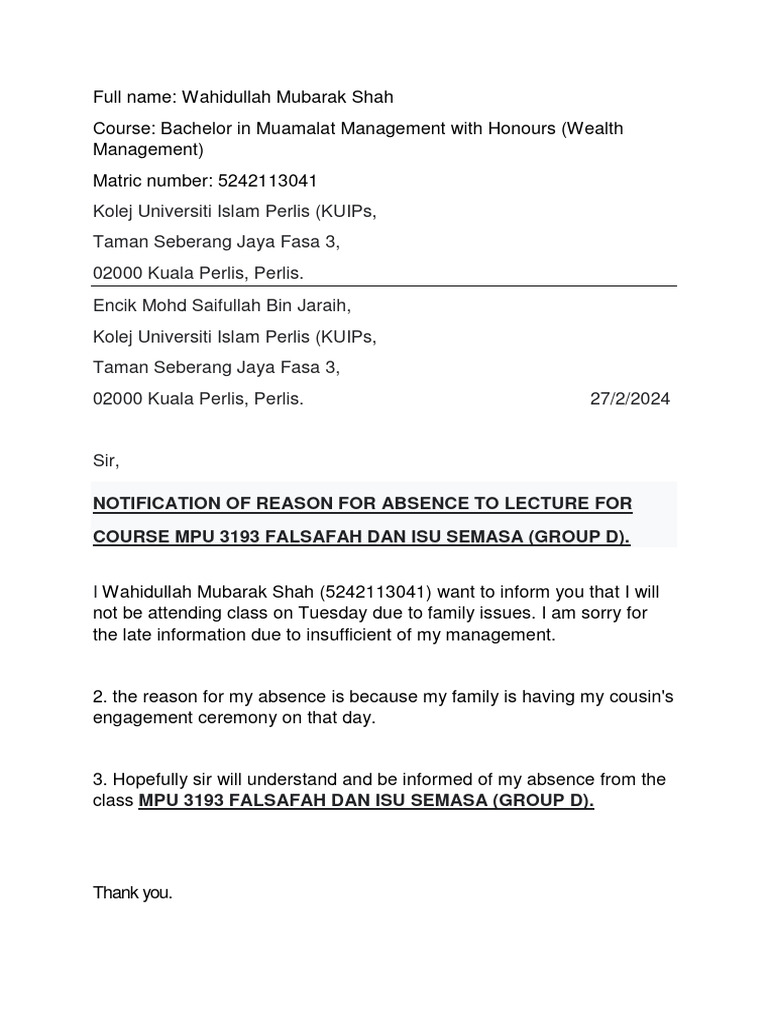 Absence Notification for MPU 3193 Class | PDF