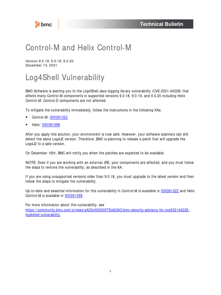 ControlM and Helix ControlM Log4Shell Vulnerability Technical