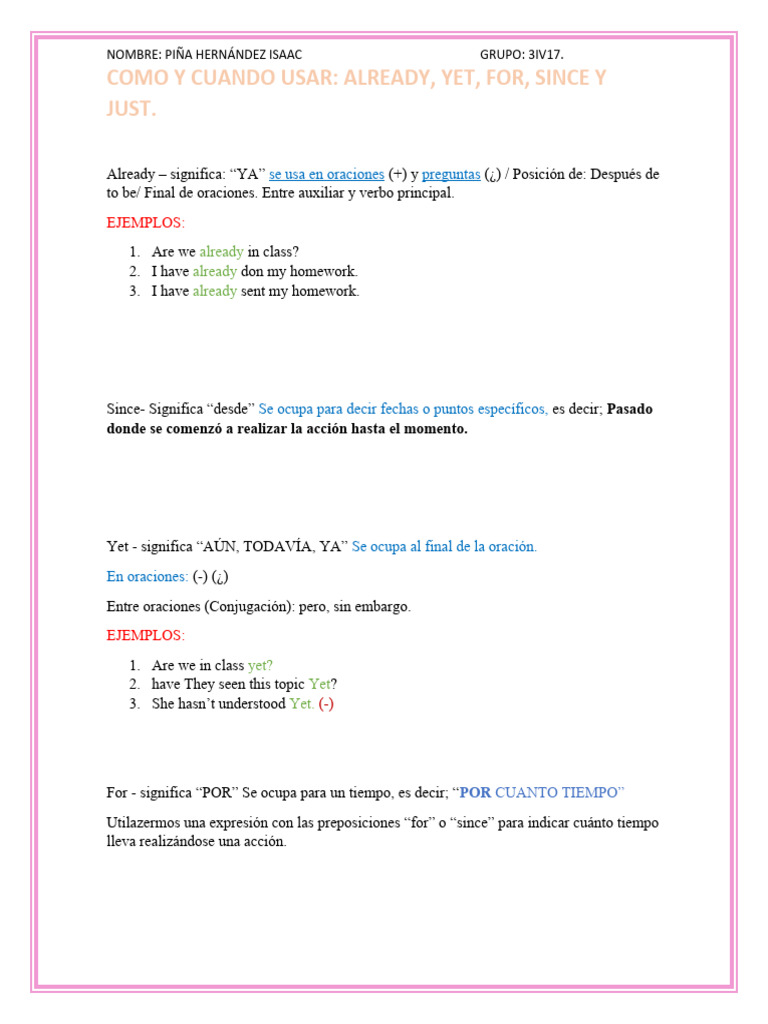 Cuadro Comparativo de Just, Yet y Already y Las 10 Oraciones. | PDF