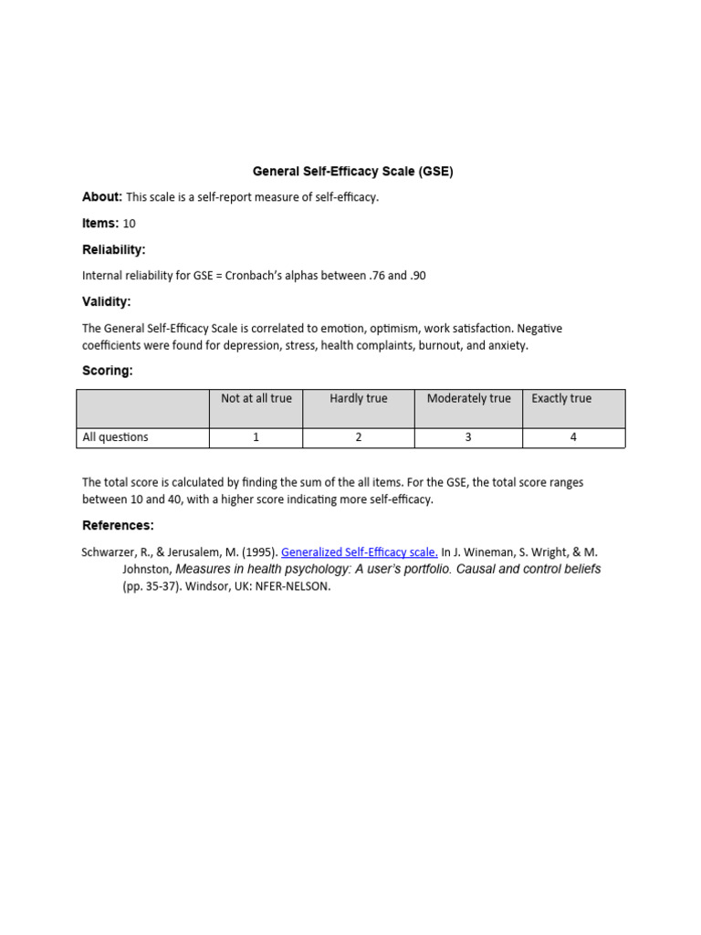 General Self-Efficacy Scale (GSE) About: Items: Reliability | PDF