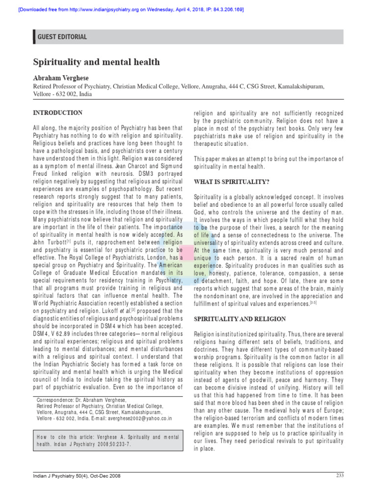 Spirituality and Mental Health | PDF | Psychiatry | Mental Disorder