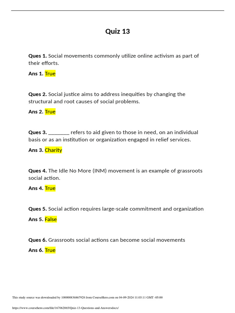 Quiz 13 Questions and Answers | PDF | Activism | Black Lives Matter