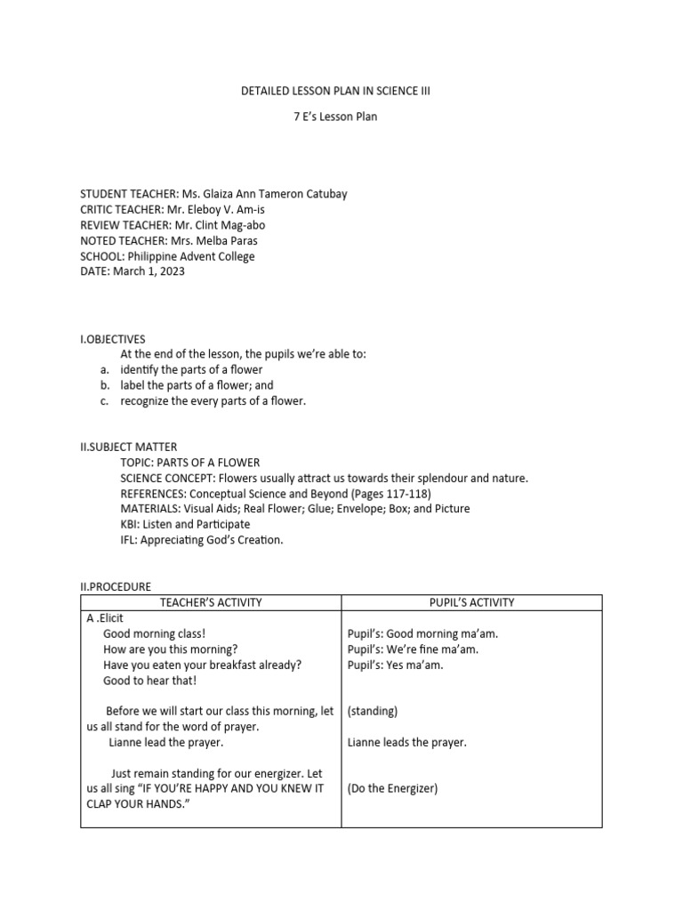 Science III Lesson Plan: Flower Parts | PDF | Lesson Plan | Plants