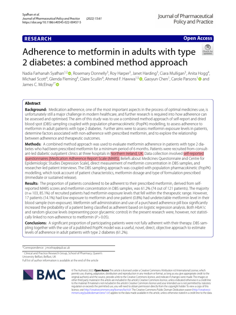 Adherence To Metformin in Adults With Type 2 Diabetes - A Combined ...