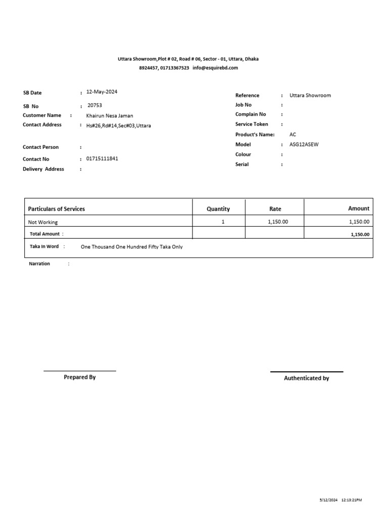 Service Invoice for AC Repair | PDF